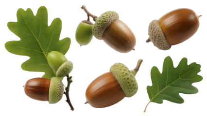 set of acorns and leaves . Isolated on transparent background, png