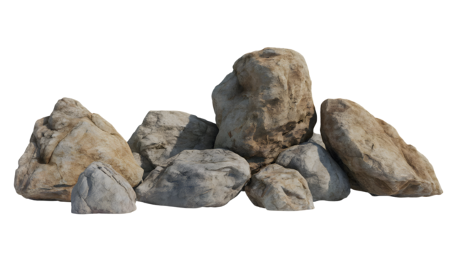 pile of various rocks in natural shades and shapes . Isolated on transparent background, png
