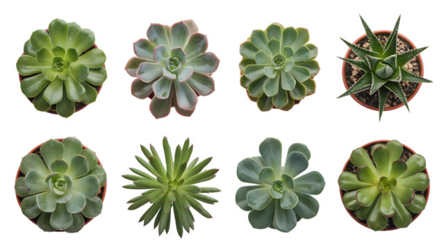 collection of various succulents from top view . Isolated on transparent background, png