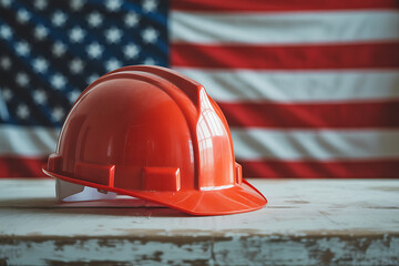 Red hard hat in front of american flag