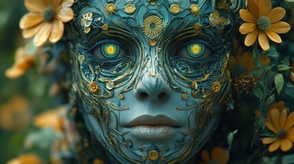 Obraz premium Floral Mechanical Woman Face Closeup, Nature Background, Fantasy Art, Stock