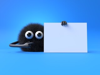 Fluffy, cute monster holds a blank sign, symbolizes information and advertising display. 3D rendering, conceptual image. Isolated on white background.