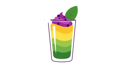 Colorful Layered Drink with Purple Topping and Green Leaf.
