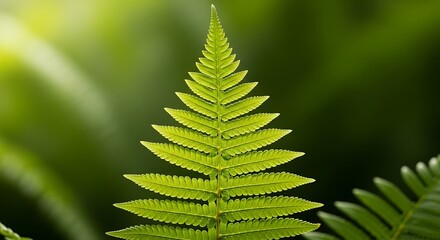 Close up vibrant green fern frond with symmetrical leaf patterns and a dark blurred background creating a natural botanical image