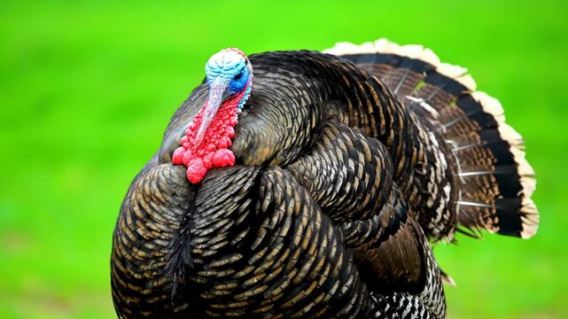A male wild turkey with its feathers fanned out, displaying its vibrant plumage and colorful head vector illustration