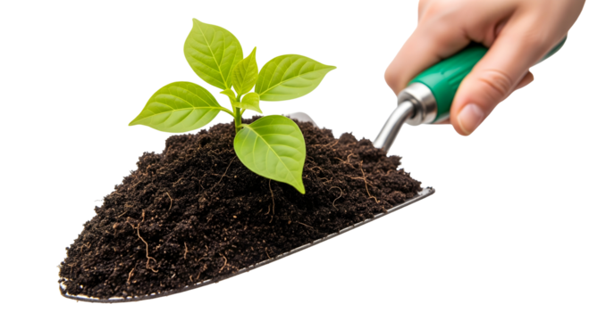 A nurturing hand delicately holds a trowel, supporting a vibrant young plant. The plant's fresh, green leaves and healthy soil on the trowel symbolize growth, isolated on transparent background	
