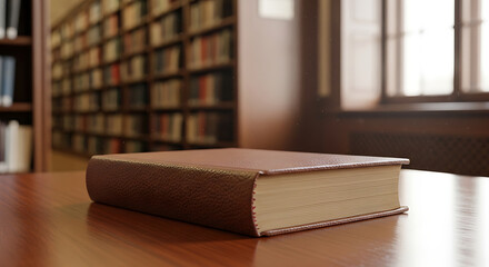 A classic, well-worn book rests on a polished wooden table in a tranquil library, an emblem of enduring knowledge, academic pursuit, and quiet intellectual exploration
