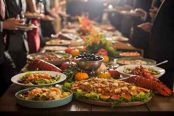 Elegant buffet spread with various gourmet dishes and seafood, perfect for a celebratory event