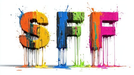 graffitistyle letters d e and f are splashed with vibrant neon paint dripping down the sides against a stark white background