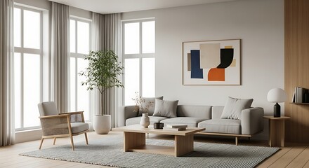 Minimalist living room with natural light, cozy sofa, and modern armchair