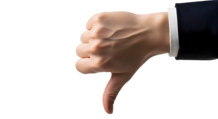 A hand gives a thumbs down gesture, expressing disapproval. The hand wears a suit, isolated on transparent background	
