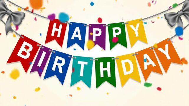 Happy birthday banner with colorful flags and falling confetti, celebrating a special occasion vector illustration