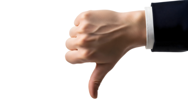 A hand gives a thumbs down gesture, expressing disapproval. The hand wears a suit, isolated on transparent background	
