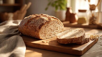 rustic whole grain bread loaf and a sliced half on a wooden cutting board simple kitchen setting with gentle light