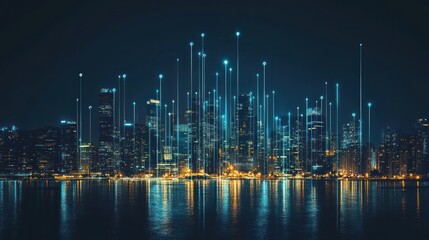 Naklejka premium Futuristic city skyline at night with digital connections. Possible use Stock photo for technology, innovation, or futuristic concepts