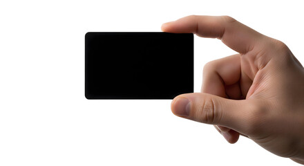 A hand holding a blank black card for customization or presentation, isolated on transparent background	
