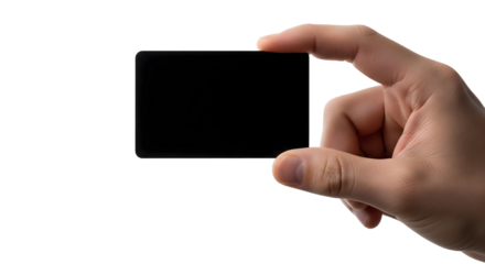 A hand holding a blank black card for customization or presentation, isolated on transparent background	
