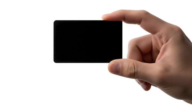 A hand holding a blank black card for customization or presentation, isolated on transparent background	
