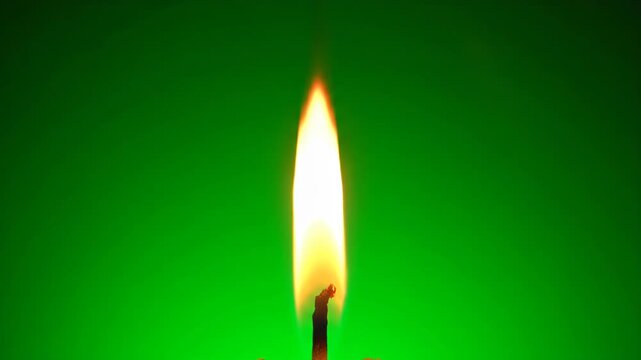 Closeup macro shot of a single candle flame burning brightly against a vibrant green background, symbolizing warmth, light, and hope vector illustration