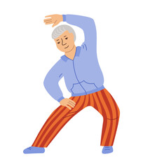 Elderly man in yoga class. Gymnastic Pilates workout for pensioner. Older people funny grandfather play sports cartoon vector. Elderly old senior fitness training exercises gymnastics yoga stretching