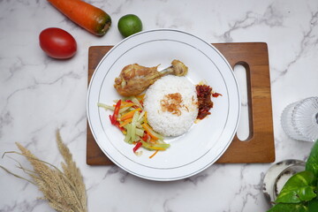 lunch box - nasi kotak, nasi rames , catering box , food service ( rice, beef rendang, chicken, chili, vegetables). close up view. Nasi Uduk, Nasi Warteg