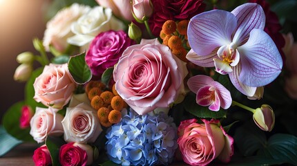 a stunning array of roses  orchids  and vibrant hydrangeas