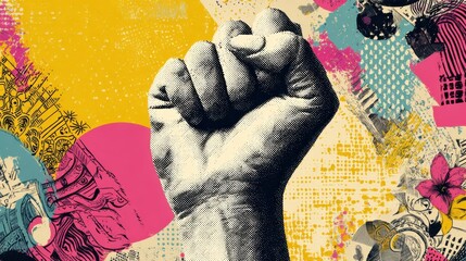 trendy halftone collage element female hand with closed fist showing flexed biceps gesture cut out shape with doodles feminism empowerment and gender equality concept modern retro vector illustration
