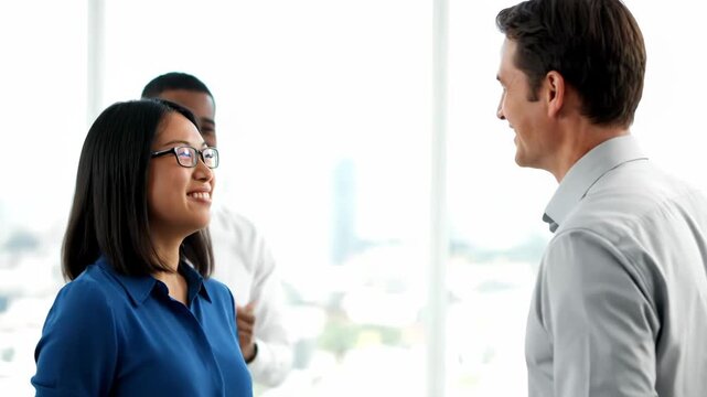 A diverse group of business colleagues celebrate success with a high five in a modern office setting vector illustration