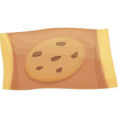 Single Chocolate Chip Cookie In A Translucent Brown Wrapper With Yellow Edges Isolated On A White Background Cartoon Style Illustration