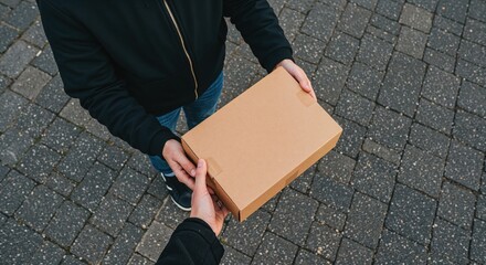 Package Exchange: An overhead shot showcases the hands of two individuals involved in a package exchange, highlighting the transactional moment of delivering or receiving a parcel. 