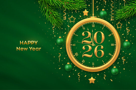Happy New Year 2026. Golden New Year countdown clock with numbers 2026. Bauble balls, gold metallic stars, confetti on green background. New Year greeting card or party invitation. Vector illustration - Powered by Adobe