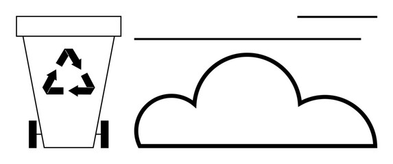 Recycling bin with triangular arrows next to a cloud outline. Ideal for sustainability, waste management, environmental care, ecology, cloud storage, data management, simple flat metaphor