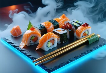 Artfully arranged sushi rolls with salmon and avocado served with chopsticks amidst smoke