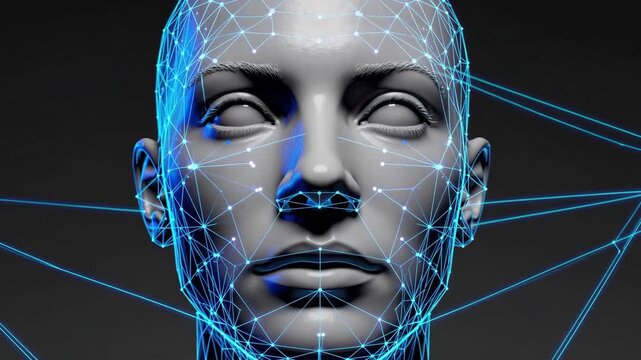 Futuristic face analysis digital wireframe artificial intelligence technology blue lines innovation science serene expression emotionless network