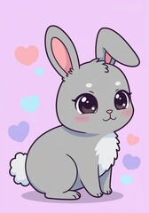Fototapeta premium Cute Bunny with Hearts: A charming cartoon bunny with big, expressive eyes and soft grey fur sits amidst a scattering of pastel hearts, conveying warmth and affection. 