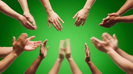 Multiple hands in a circle, some clapping and others reaching, against a bright green backdrop, conveying a sense of shared enthusiasm and connection vector illustration