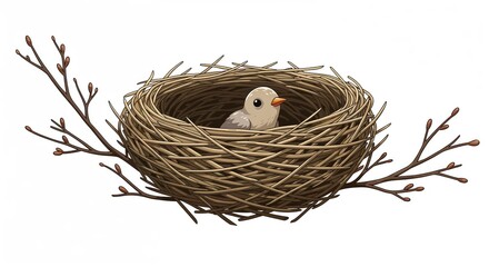 Solitary Nest: A delicate nest, expertly woven with natural twigs, cradles a fledgling bird, evoking themes of tranquility, renewal, and the beauty of nascent life. 