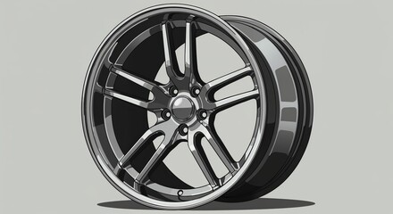 Obraz premium Shiny Alloy Wheel: Close-up of a polished alloy wheel, showcasing intricate design and reflective surface against a neutral backdrop, perfect for automotive and design concepts.