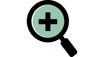 A magnifying glass with a plus sign, featuring black accents and a light green backdrop