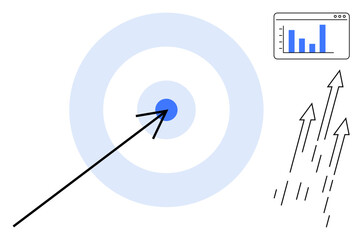 Target with a central arrow symbolizing precision, progress arrows indicating success, and a statistical bar chart highlighting performance. Ideal for strategy, success, marketing, analytics, growth