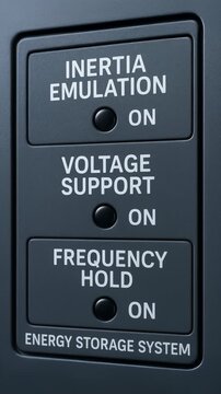 Energy storage system control panel with inertia emulation voltage support frequency hold indicators buttons and options for efficient power