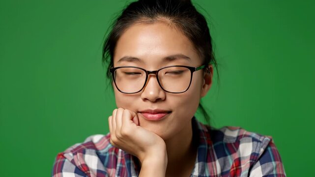 A young asian woman wearing glasses and a plaid shirt smiles thoughtfully with her hand on her chin against a green background vector illustration