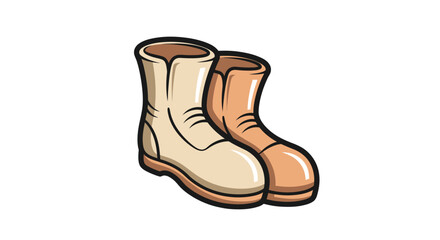 Two cartoon boots, one off-white and one tan, leaning against each other on white background