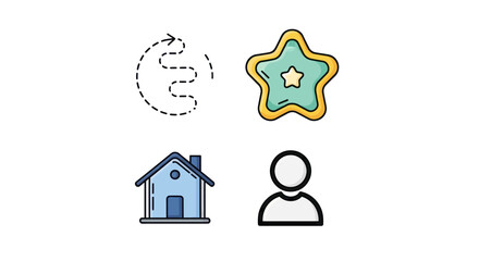 Vector illustration showing four icons arrow path, star, house, and person, all with colorful outlines