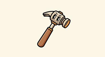Cartoon hammer with face, light brown colors and a wooden handle on a light background