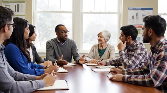 Diverse group collaboration meeting in bright room for business solution