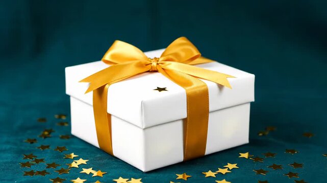 A white gift box with a golden ribbon and falling golden star confetti, symbolizing celebration and surprise vector illustration