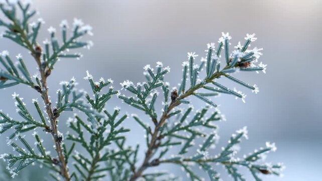 Closeup of frost crystals on evergreen tree branches with a soft, blurred background on a cold winter morning vector illustration