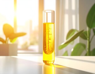 Close-up photo of a bright yellow, transparent, luminous 3D digital test tube. It is set in a minimalist, bright wellness space.
