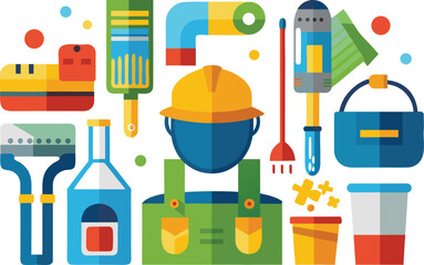 Colorful construction worker graphic with essential tools for building projects, including bucket, wrench, pipes, and paint brushes in a modern flat design
